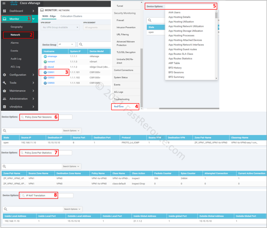 Figure 18. Use vManage Web interface to view firewall sessions