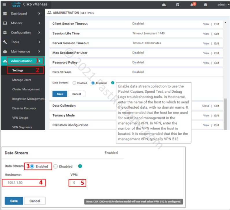 Figure 2. Enable Data Stream Configuration in vManage