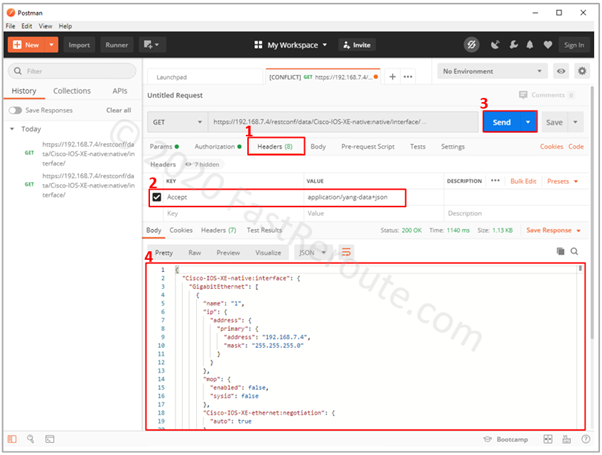 Figure 5. Postman – Read list of the Router’s Interfaces in JSON Format