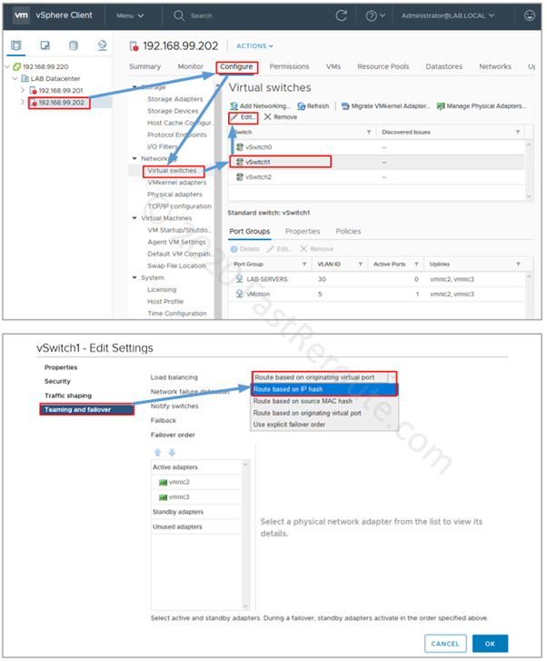 Figure 13. vCenter Configuration – Set per-packet load balancing for a vSwitch