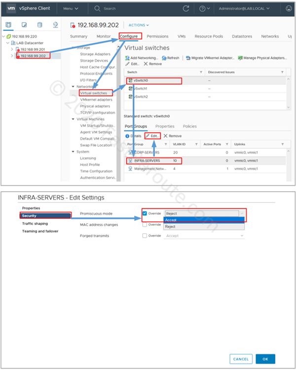 Figure 14. vCenter Configuration – Enable Promiscuous mode for a Port Group