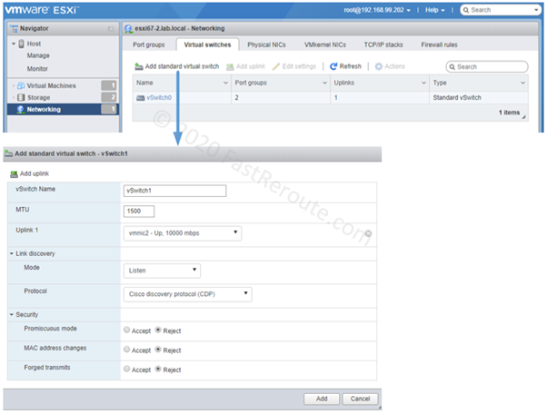 Figure 8. vSwitch Configuration via Direct ESXi Host Interface