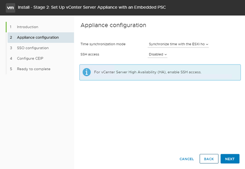 Figure 12. vCSA Deployment Stage 2: Time and SSH Access Configuration