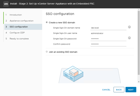 Figure 13. vCSA Deployment Stage 2: SSO Configuration