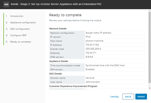 Figure 14. vCSA Deployment Stage 2: Ready to Complete