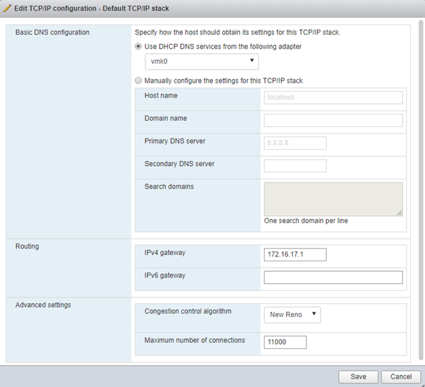 Figure 13. Default TCP/IP stack configuration options