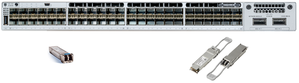 Catalyst 9300 with SFPs (on the left) and QSFPs (on the right)