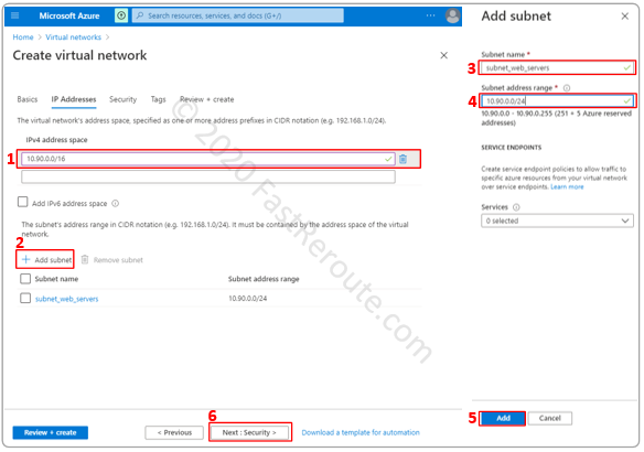 Figure 4. Create an Azure Virtual Network Wizard – IP Addresses and Subnets