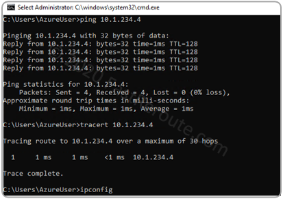 Figure 7. Ping and traceroute testing on VM-A to VM-B